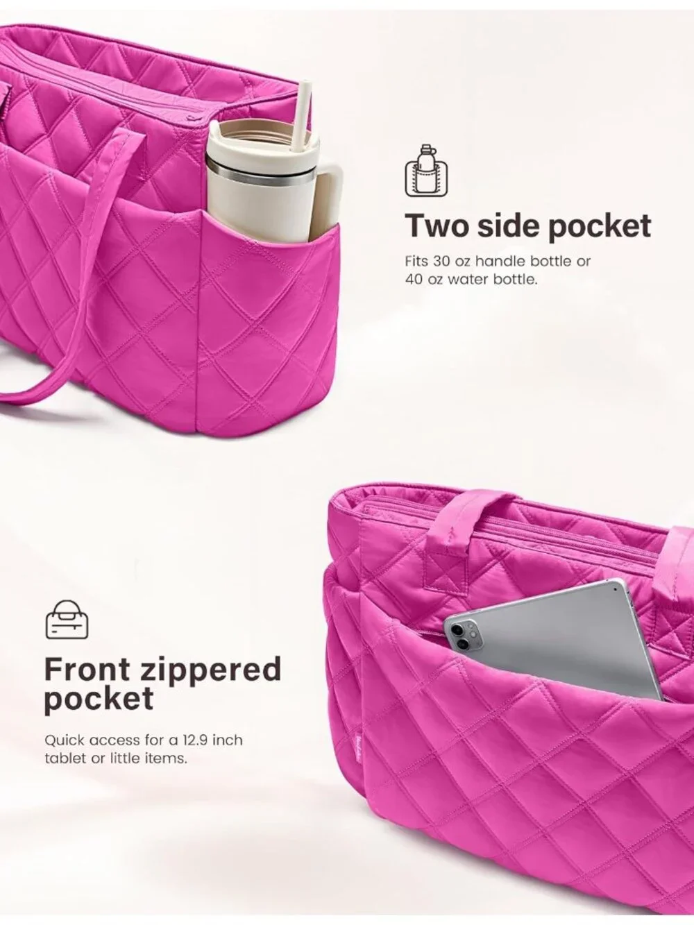 👜Women's Raspberry Pink Puffer Tote Bags Lightweight Quilted Work For Travel
